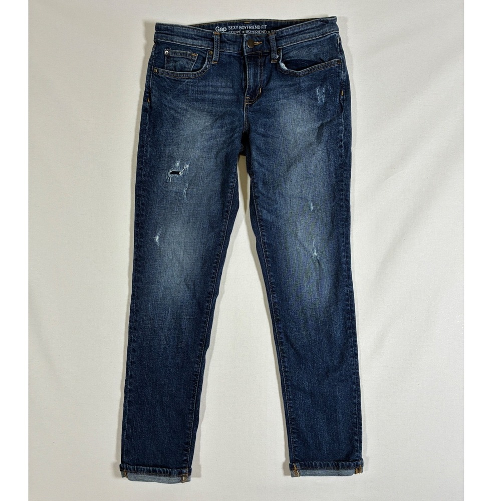 Gap Sexy Boyfriend Jeans Womens 2/26R Authentic Indigo Distressed Mid Rise